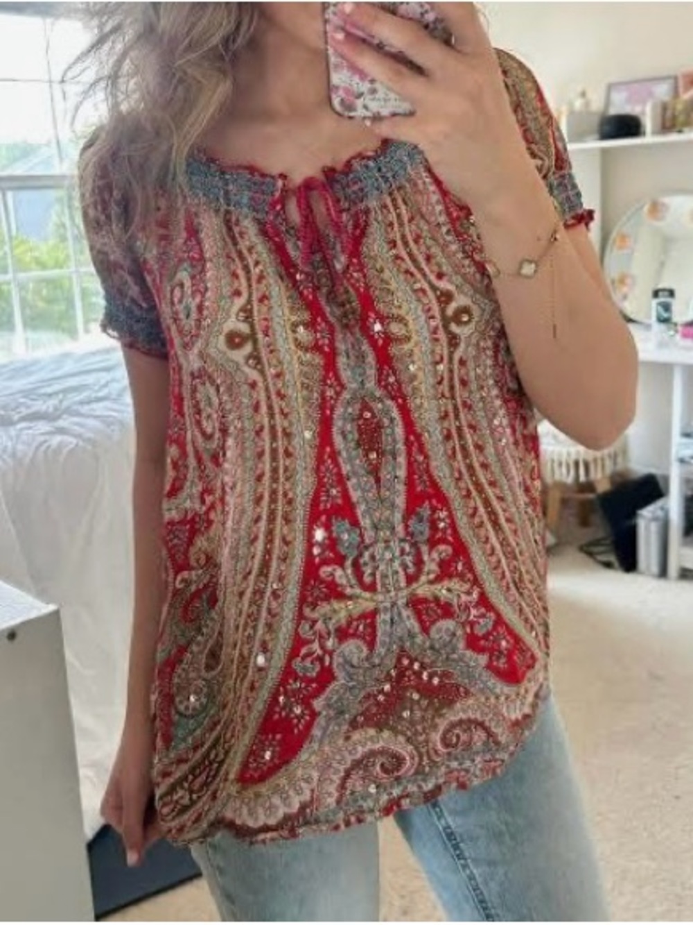 Bila Red Paisley Boho Peasant Blouse with Sequins size XXL